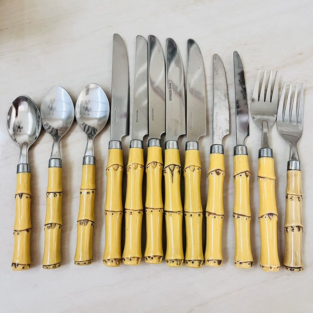 Vintage Faux Bamboo Stainless Flatware Set 12pc Mixed